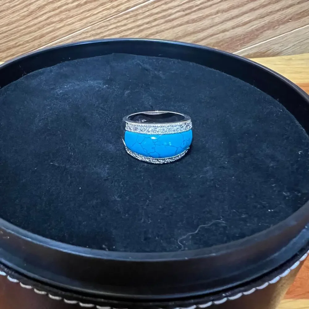 Lia Sophia Mesa/Premise Rhinestone Faux Turquoise Silver‎ Tone Dome Ring Sz 9